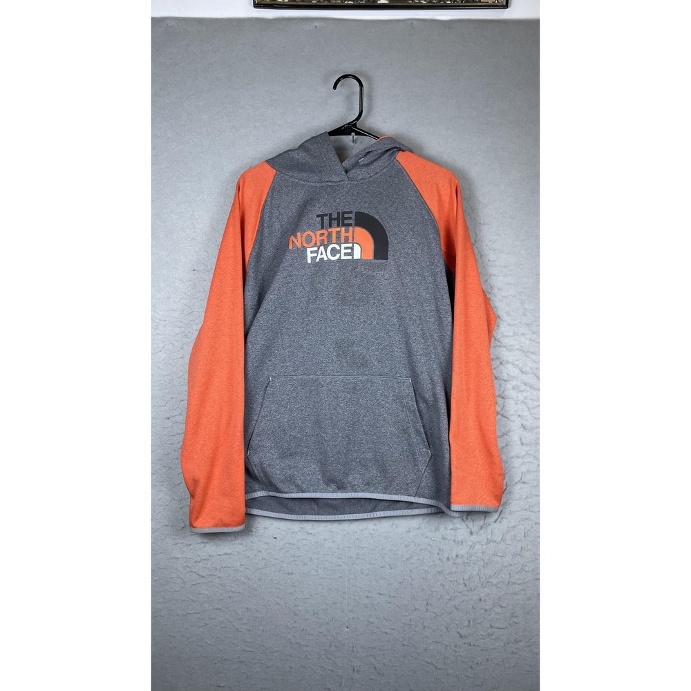 The North Face Hoodie Womens XL Gray Orange Fleece Pullover Logo Raglan Kangaroo